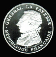 100 Francs 1987 in Silber + Piedfort, Joseph Marquis de La Fayette, 200 Geb. + JT franz. Revolution, Proof 