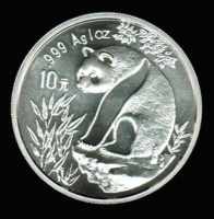 10 Yuan 1993, Panda auf Felsen mit Pflanzen, in Dose, Silber, RAR: nur noch 1 Exemplar auf Lager 