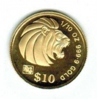 10 Dollars 1993, Löwe mit Beizeichen 'Hahn', in Dose, Gold 