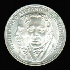 Deutschland: 5 D-Mark 1967, 200. Geburtstag von Wilhelm und Alexander von Humboldt, 7g Feinsilber 