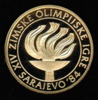 5.000 Dinara, Olympiade in Sarajewo 1984, Olympische Flamme, in Dose, Gold 