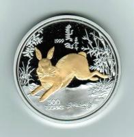 500 Togrog 1999, Y*160, Jahr des Hasen, Silber teilvergoldet, 1 Unze, 28.000 Exemplare 