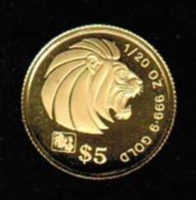5 Dollars 1993, 'Löwe' mit Beizeichen 'Hahn', in Dose, Gold 