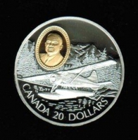 20 Dollars 1991, 'De Havilland Beaver', 1 Unze Feinsilber/0,8 Goldinlay in Dose + Zertifikat 