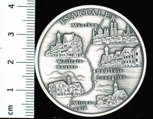 Bayern: 'ISAR-TALER' Silbermedaille, Mittenwald bis München / Freising bis Landau, 25,75gr / 999 Feinsilber in 'Antikfinish' 