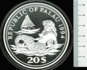 Palau, 20 Dollars 1994: Schutz der Meeresfauna/Korallenriff, weltweit nur 3.000 Exemplare in OVP/Dose/Holzkasette/Zertifikat/Proof 