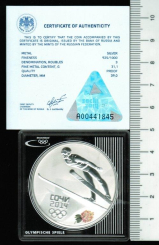 Russland: 3 Rubel, 2014, Winter-Olympiade Sotschi, AV: Skispringer RV: Staatswappen, 1 Unze Silber in Caps/Zertifikat 