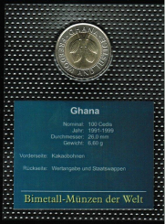 Weltkursmünzen/Afrika: Ghana: 100 Cedes, 1991-1999, Motiv zeigt Kakaobohnen 