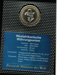 Weltkursmünzen / Westafrikanische Union: 500 Francs, 2003-2005  Ashanti-Goldgewicht in Form eines Sägerochens 