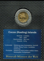 Cocos (Keeling) Islands: 5 Dollars, 2004: Kokospalme/Weißer Hai 