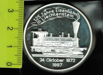 Liechtenstein, 20 Euro, 125 Jahre Eisenbahn in Liechtenstein, 20 Euro, 1997, 925.Silber in Dose 