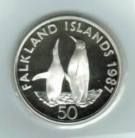 Falkland: 50 Pence 1987, Y 25a, Königspinguine, Silber 