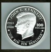 100 Dollars 1988, John F. Kennedy 25. Jahrestag: Berlinbesuch, 155,5g / Feinsilber (5 Unzen) 