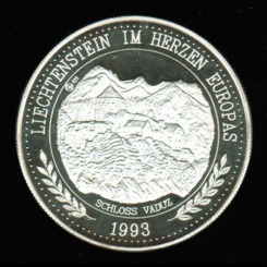 Liechtenstein: 20 ECU 1993, Schloss Vaduz, angeblich die 1. Farbprägung der Welt, 2 Unzen Feinsilber 