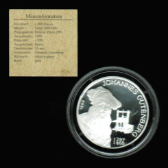 Benin, 1.000 Francs, 1999, Johannes Gutenberg, in Dose/Zertifikat 