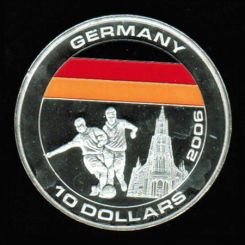 Liberia: 10 Dollars 2005, Fußball-WM 2006 in Deutschland, Ausgabe Deutschland, Silber/Bunt 