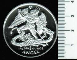Insel Man, 1 Angel 1995, Y*522, Erzengel Michael Drachenkampf / Elisabeth II., 1 Unze Silber in Dose 