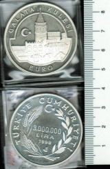 Türkei: 3.000.000 Lira, 1998, Y*621/1086, Bastions-Turm/Galata Kulesi am Goldenen Horn/Wertseite, 31,47/925 Silber 