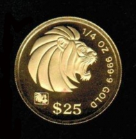 25 Dollars 1993, 'Löwe' mit Beizeichen 'Hahn', in Dose, Gold 