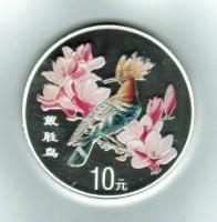 China: 10 Yuan 2000, Wiedehopf + Magnolien, Silber/Bunt 
