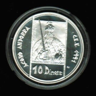 Andorra: 10 Diners, 1991, Y*71, Proof in Dose, 31,47g/925 Silber 