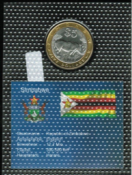 Weltkursmünzen/Afrika/Simbabwe: 5 Dollars, 2001-2002, Nashorn 