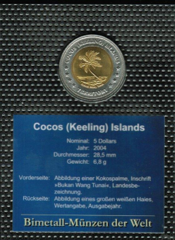 Cocos (Keeling) Islands: 5 Dollars, 2004: Kokospalme/Weißer Hai 