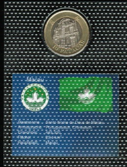 Macau / Weltkursmünzen: 10 Patacas, 1997: Kathedrale von Macau 