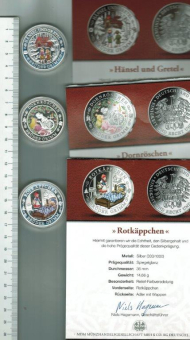 Grimms Märchen: 3 Medaillen Silber: Hänsel und Gretel, Dornröschen, Rotkäppchen / 3 Medaillen in Dosen/Zertifikat 