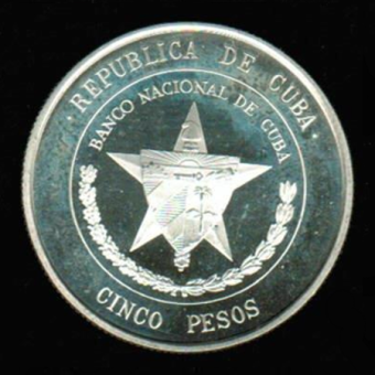 Kuba/Cuba: 5 Pesos 1975, Y*36, 25 Jahre Zentralbank, 13,33/900 Silber 