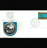 10 Kina 1975, grosser Paradiesvogel, in Marken-Kuvert, Silber/PP 