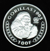 100 Francs, 1993, Berggorilla, In Originalverpackung, Silber 