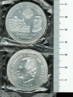 Spanien: 2.000 Pesetas 1998, Y*987, Felipe II./Escorial/Juan Carlos I., 18/925 Silber in Folie 