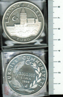 Türkei: 3.000.000 Lira, 1998, Y*621/1086, Bastions-Turm/Galata Kulesi am Goldenen Horn/Wertseite, 31,47/925 Silber 
